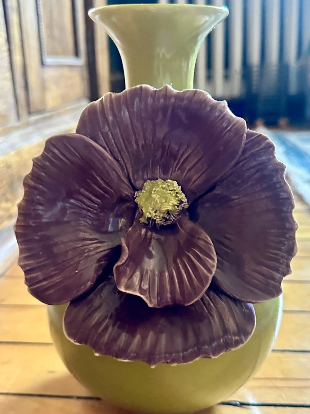 Rare Anthropologie Chartreuse Green Ceramic Vase with Rose of Sharon